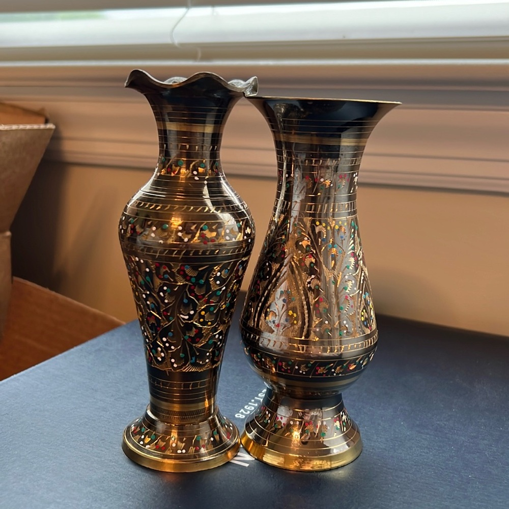 Set of 2 etched brass vase